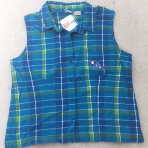Disney Vintage Eeyore Women’s Plaid Sleeveless Button Down Collar Top Medium NWT - Picture 2 of 10